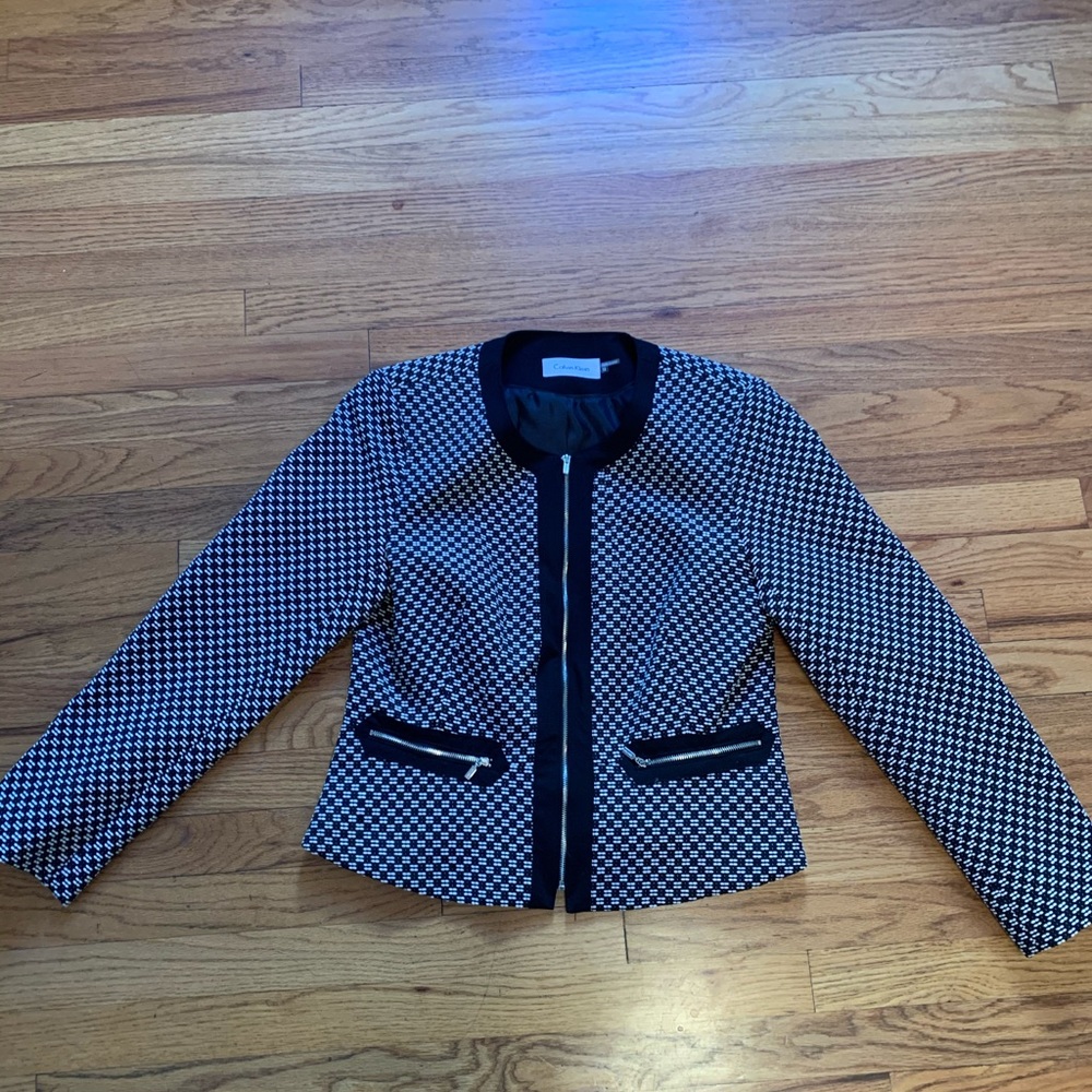 Calvin Klein Black and White Tweed Zip Front Jacket